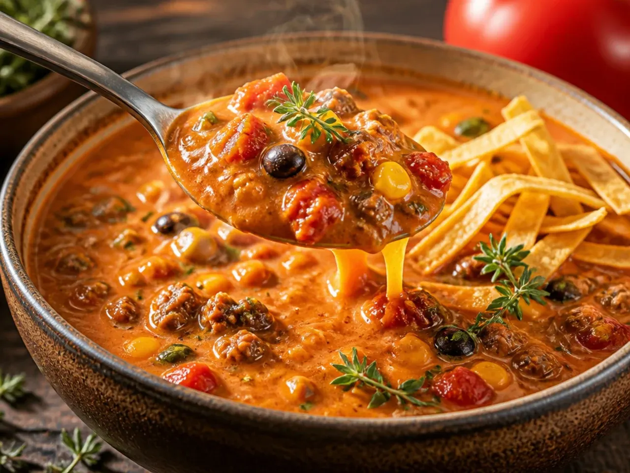 A rustic pot of taco soup made with fire-roasted tomatoes and fresh herbs
