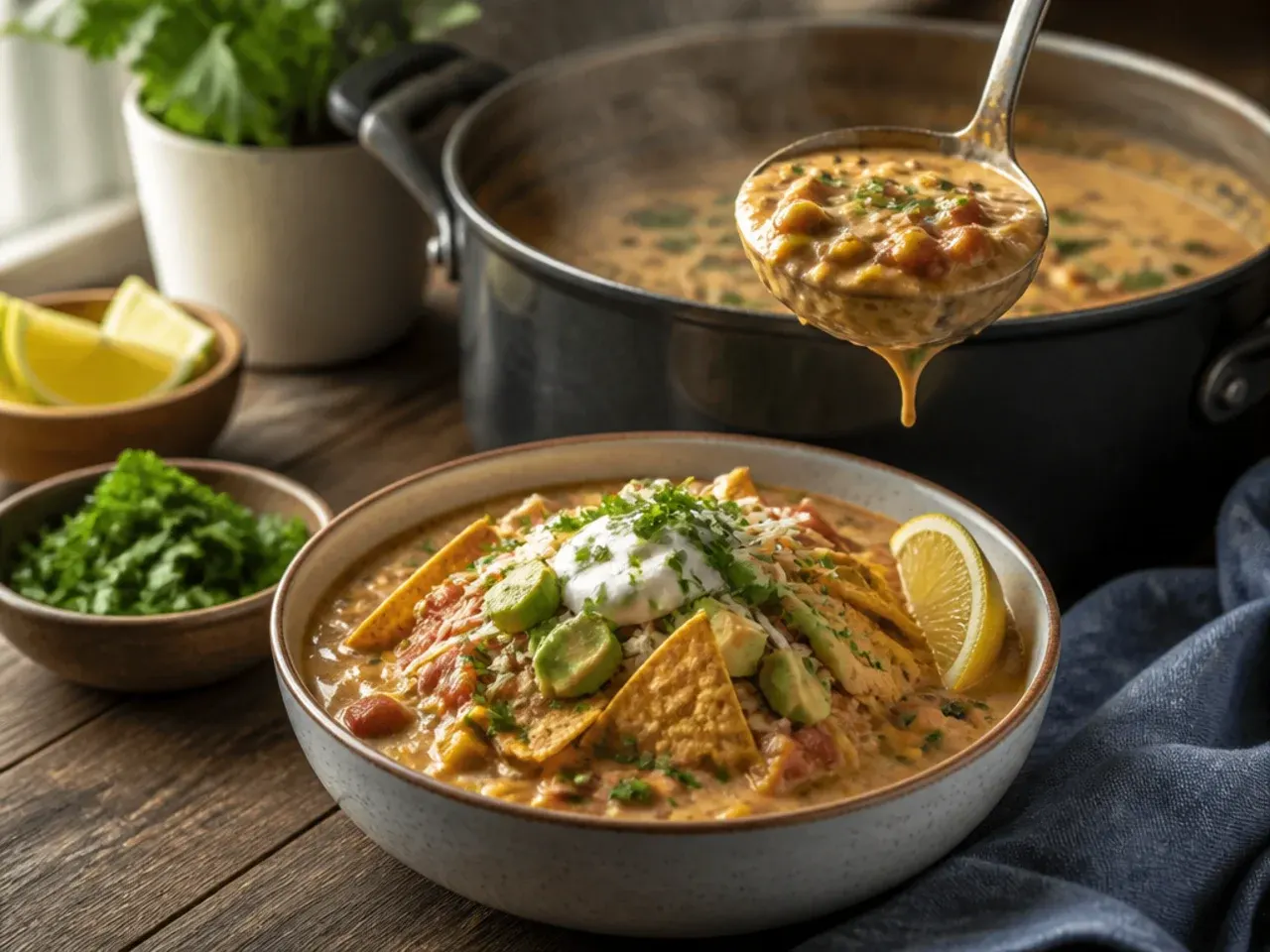A loaded bowl of taco soup piled high with nacho toppings and tortilla chips