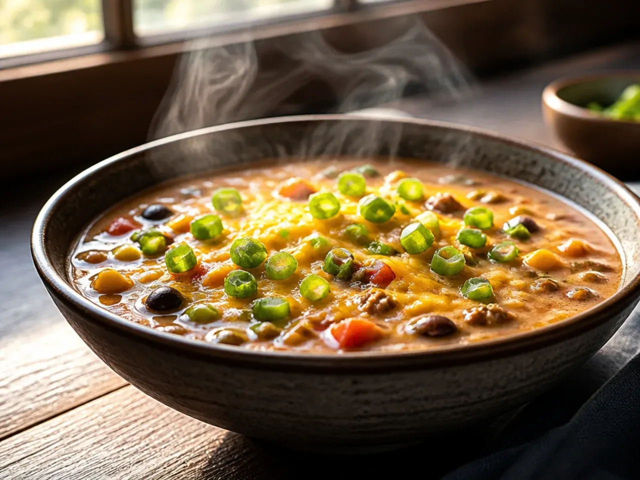 A large family-size pot of creamy taco soup with multiple bowls being filled