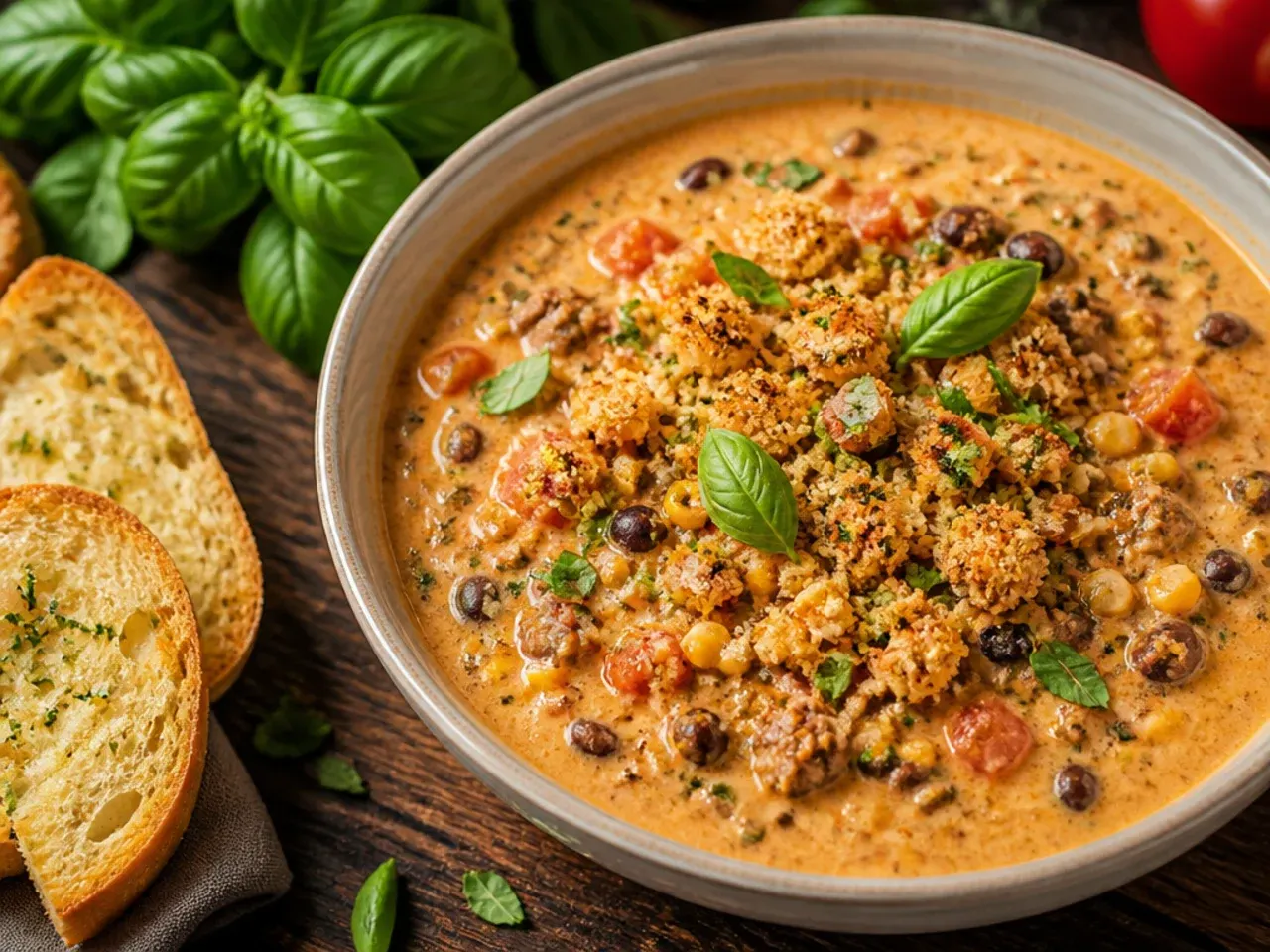 A smoky chipotle creamy taco soup garnished with lime and coriander