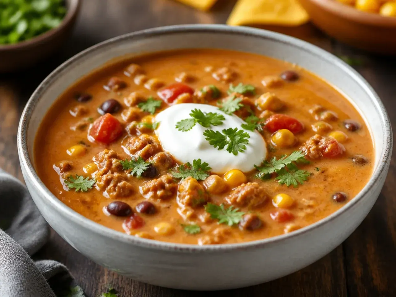 A single pot of ground turkey creamy taco soup simmering on the stovetop