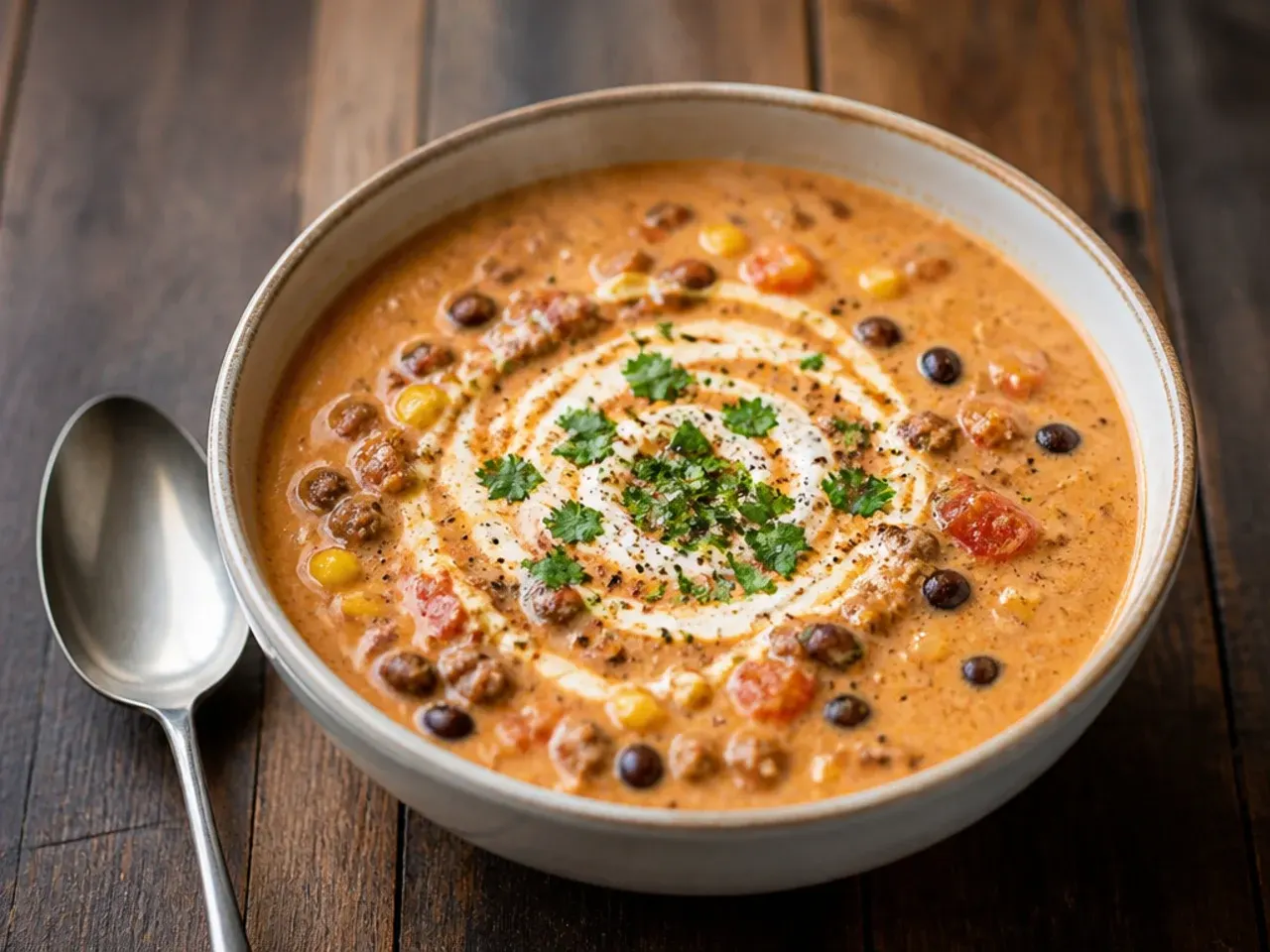 A slow cooker of classic beef taco soup made with pinto beans and green chillies after hours of low, gentle cooking