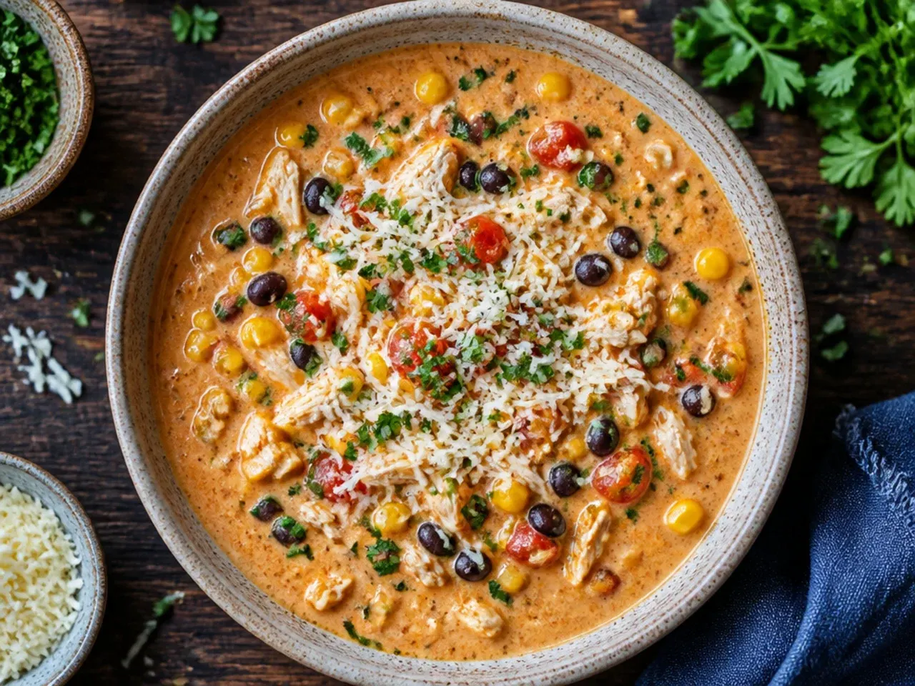 Shredded rotisserie chicken being stirred into a pot of creamy taco soup
