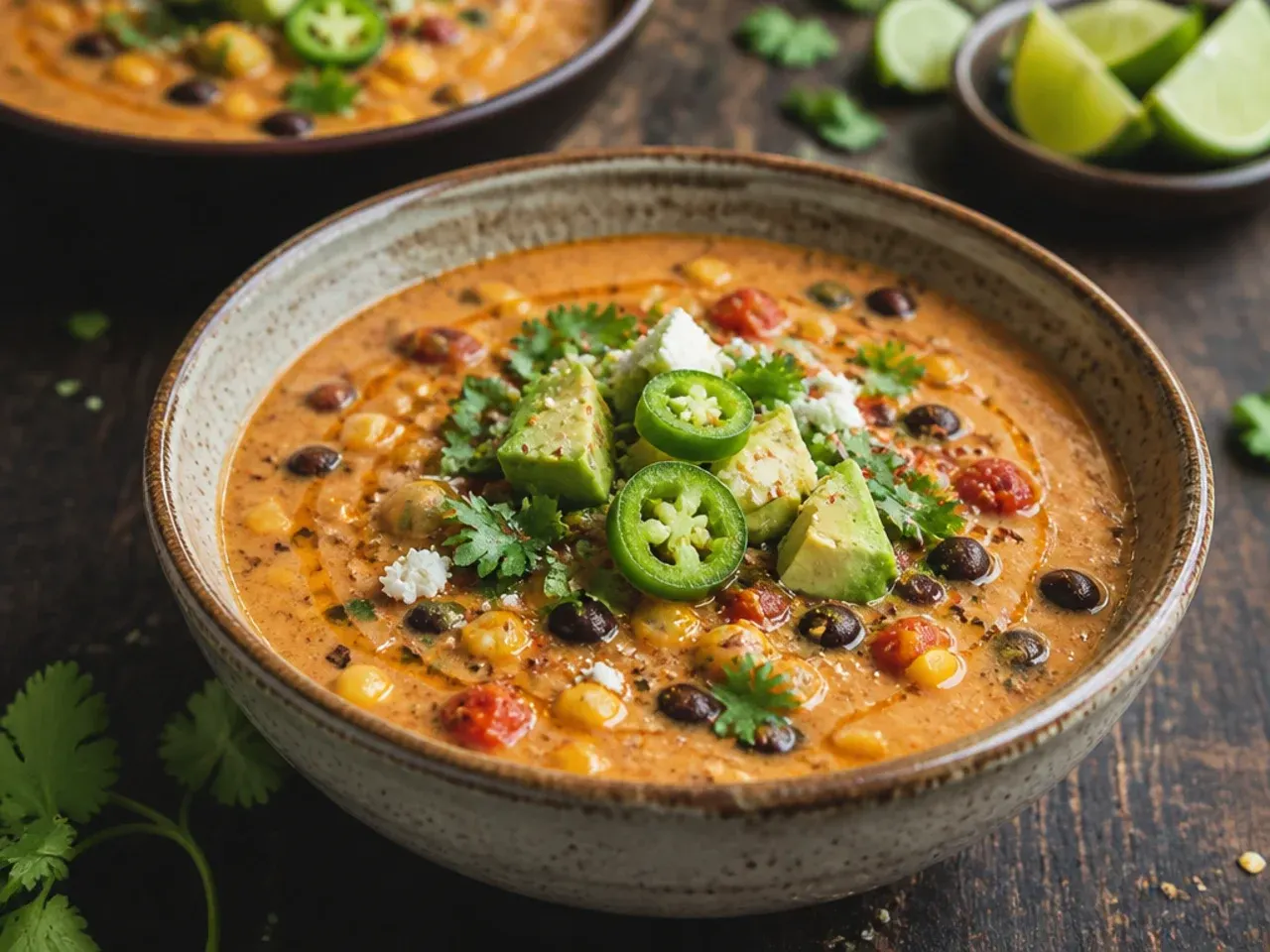 A colourful bowl of black bean and corn creamy taco soup