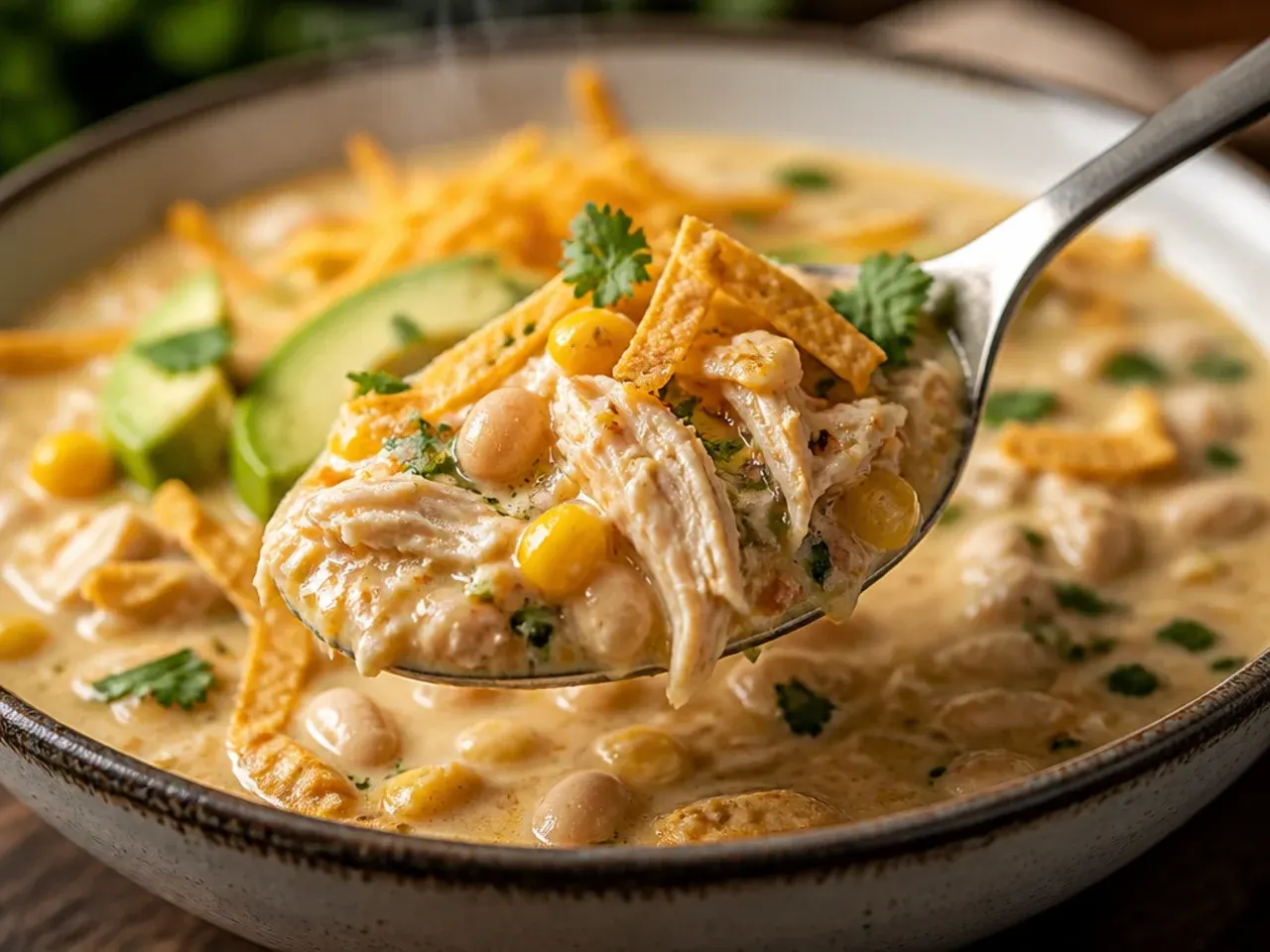 A creamy white chicken taco soup topped with melted pepper jack cheese