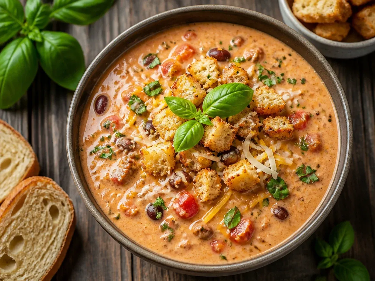 A queso-style cheesy taco soup with a stretchy, melted cheese pull