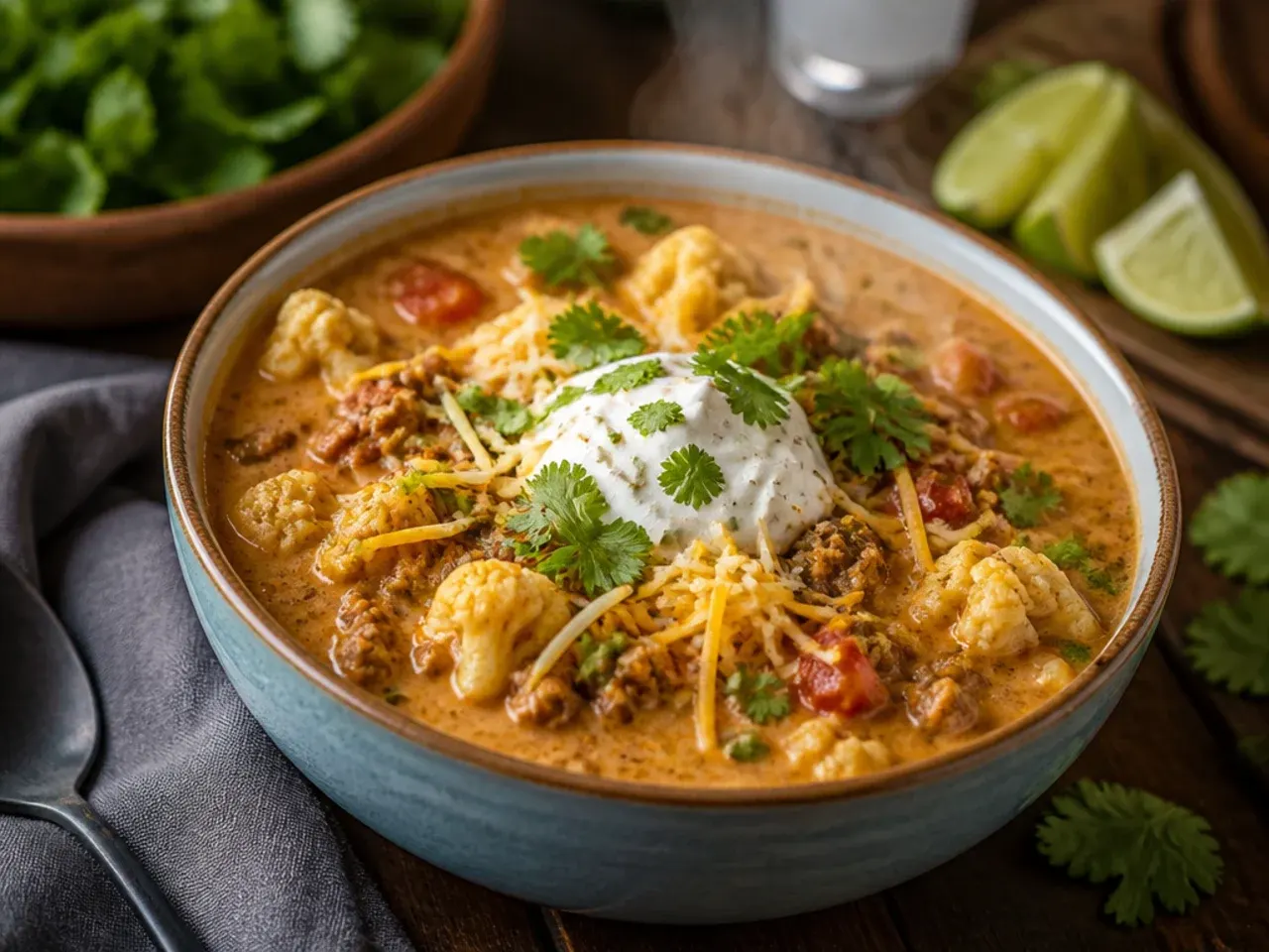A low-carb cauliflower creamy taco soup in a rustic bowl