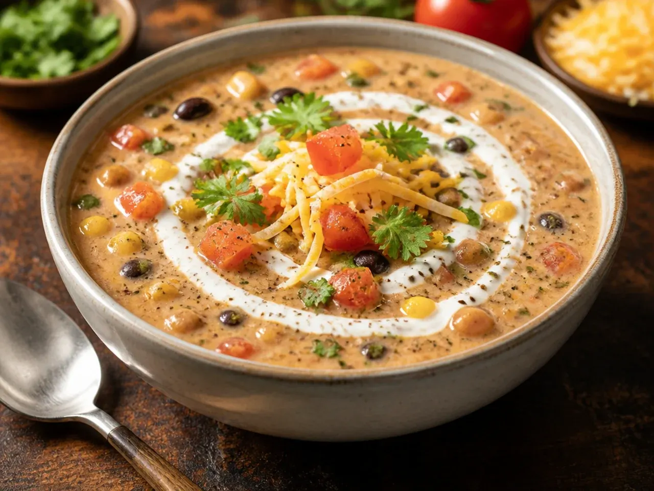 A meatless bean and corn creamy taco soup topped with fresh coriander