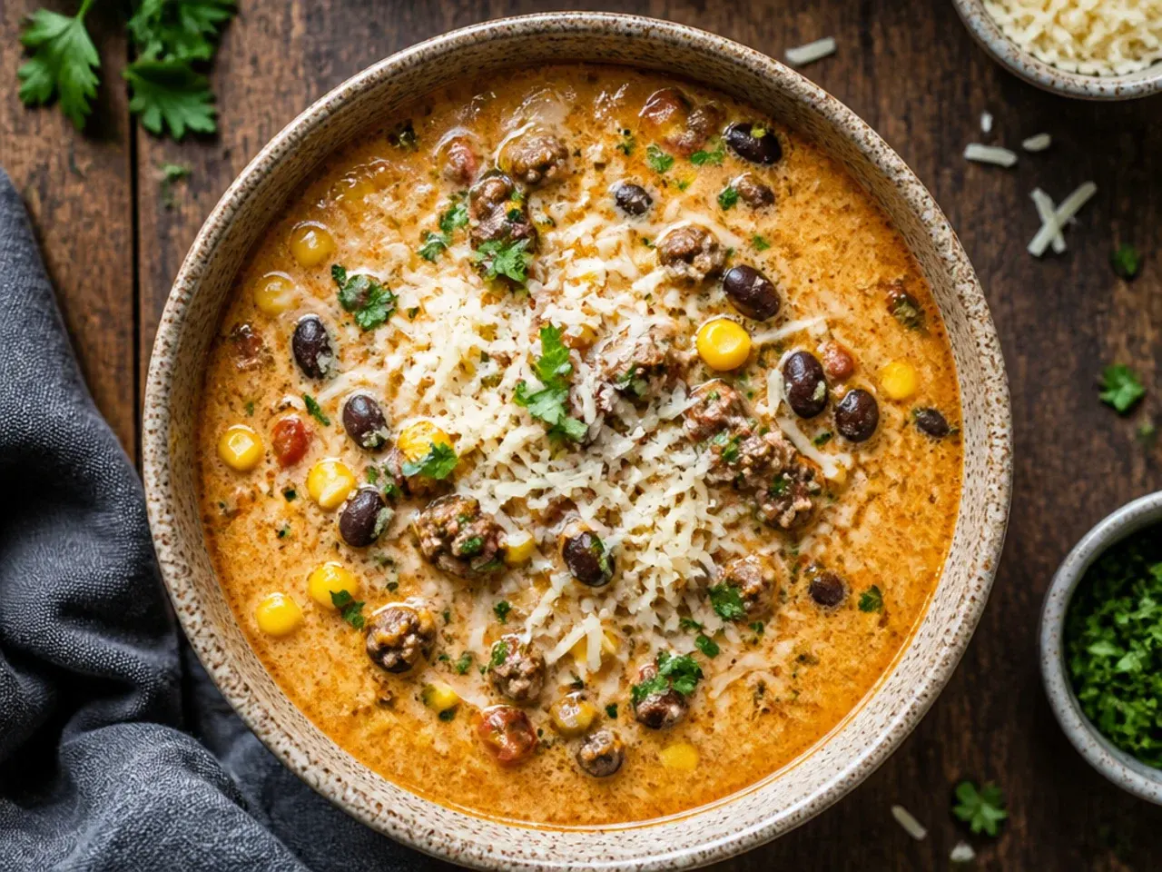 A pot of ground pork creamy taco soup being stirred on the stove