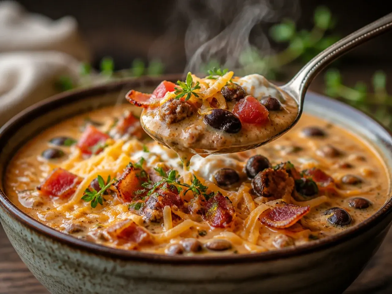 A bowl of loaded bacon and ranch creamy taco soup topped with crispy bacon bits