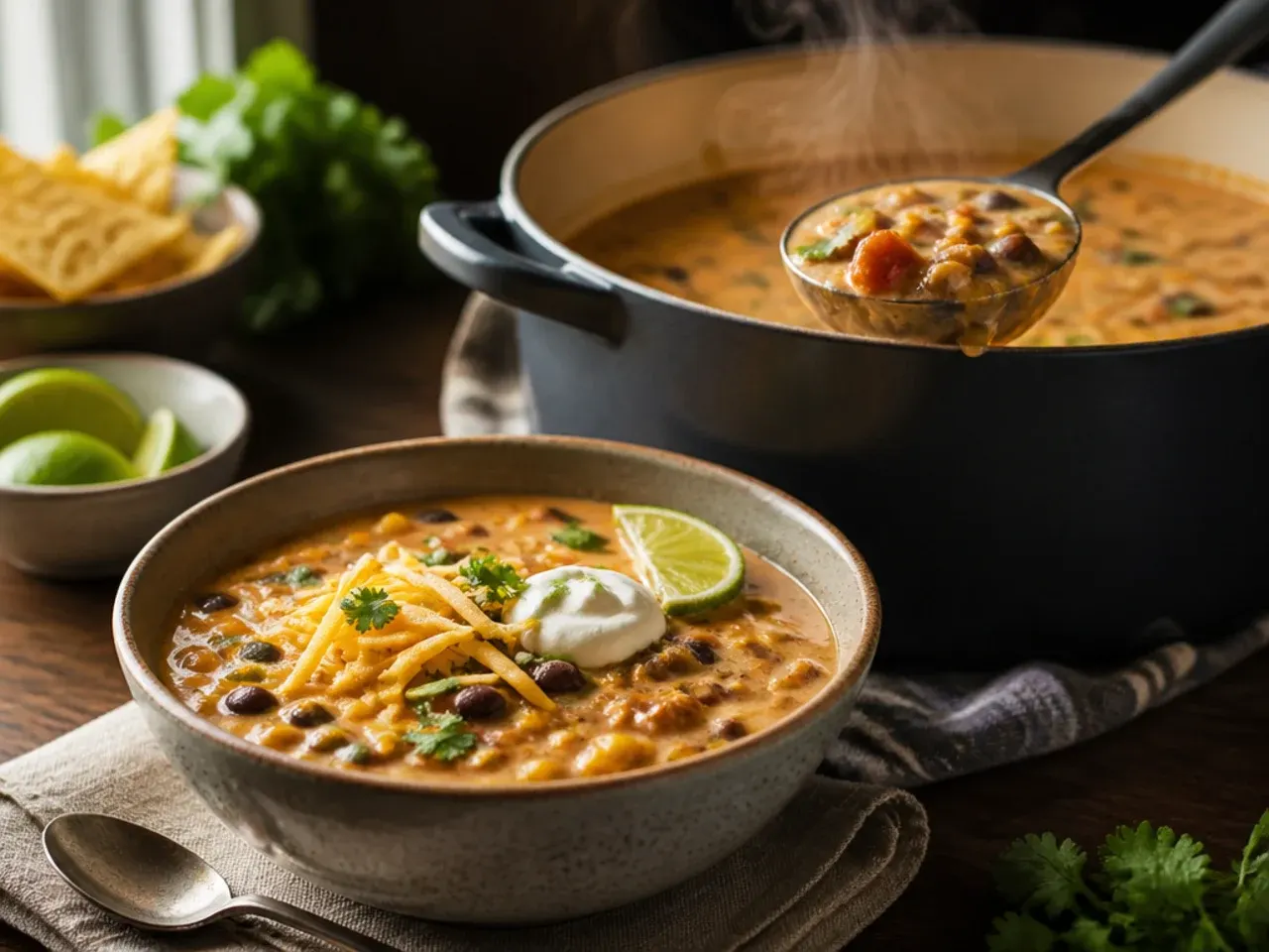 A mild, kid-friendly bowl of creamy taco soup with extra cheese