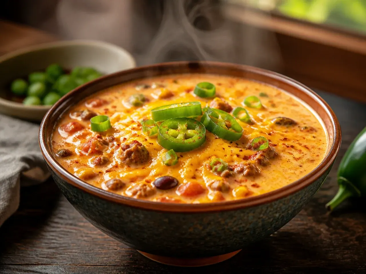 A spicy jalapeño creamy taco soup garnished with fresh sliced peppers
