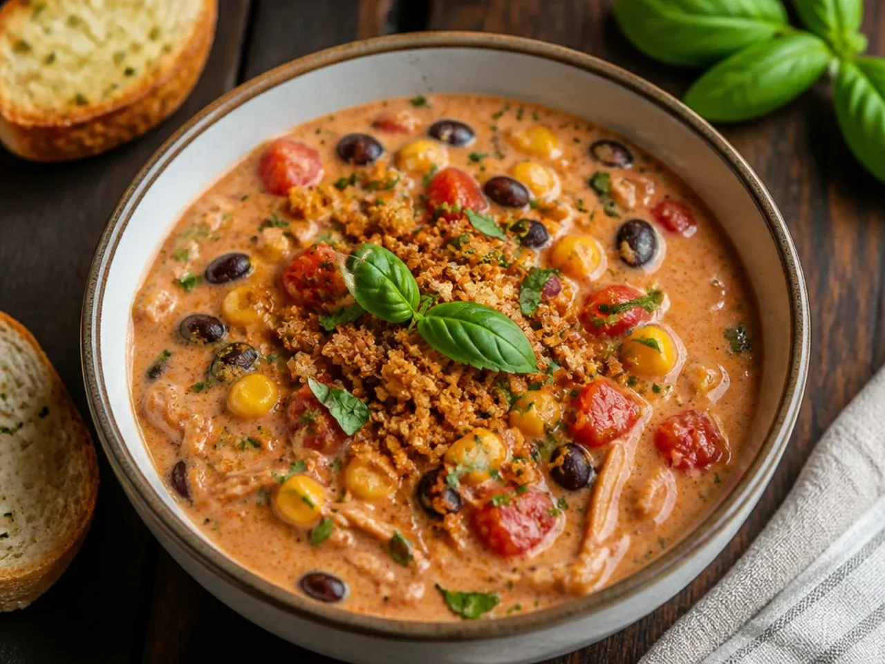 A one-pot Instant Pot chicken taco soup with shredded chicken stirred through