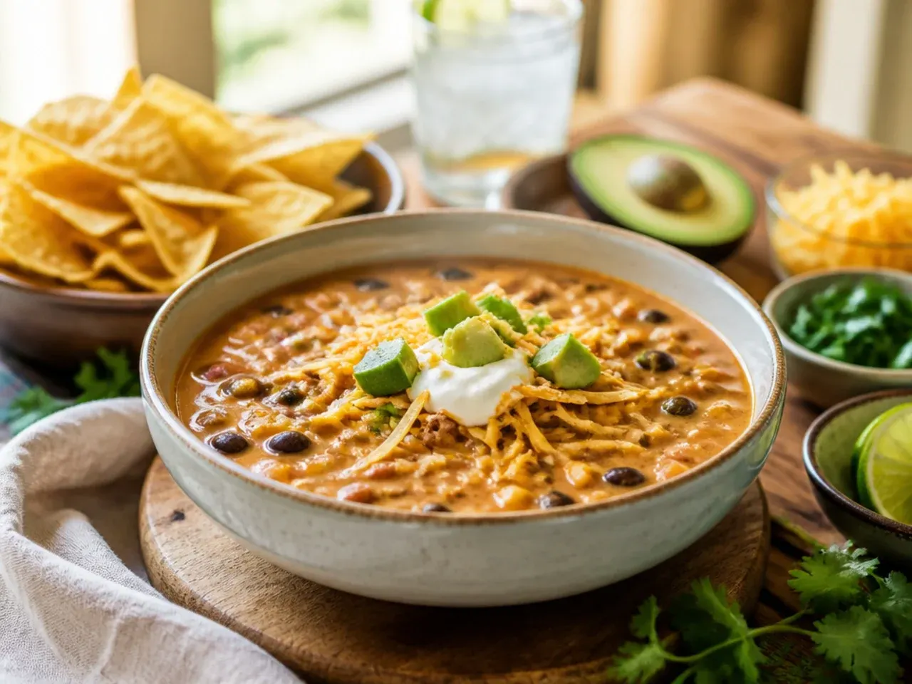 A finished bowl of creamy taco soup served with cornbread and a wedge of lime