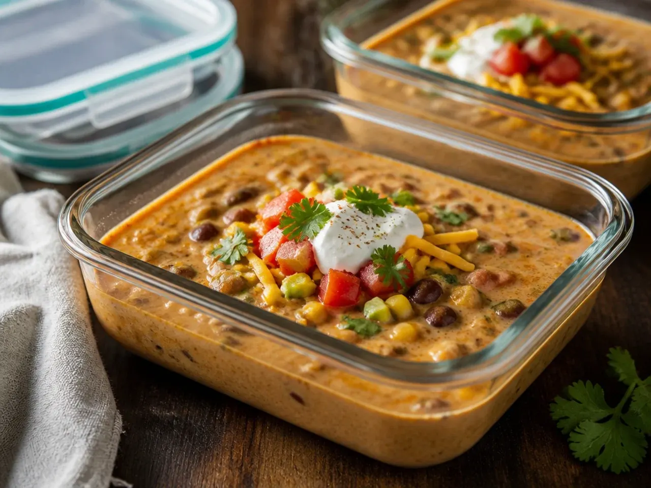 Creamy taco soup leftovers stored in an airtight glass container in the fridge