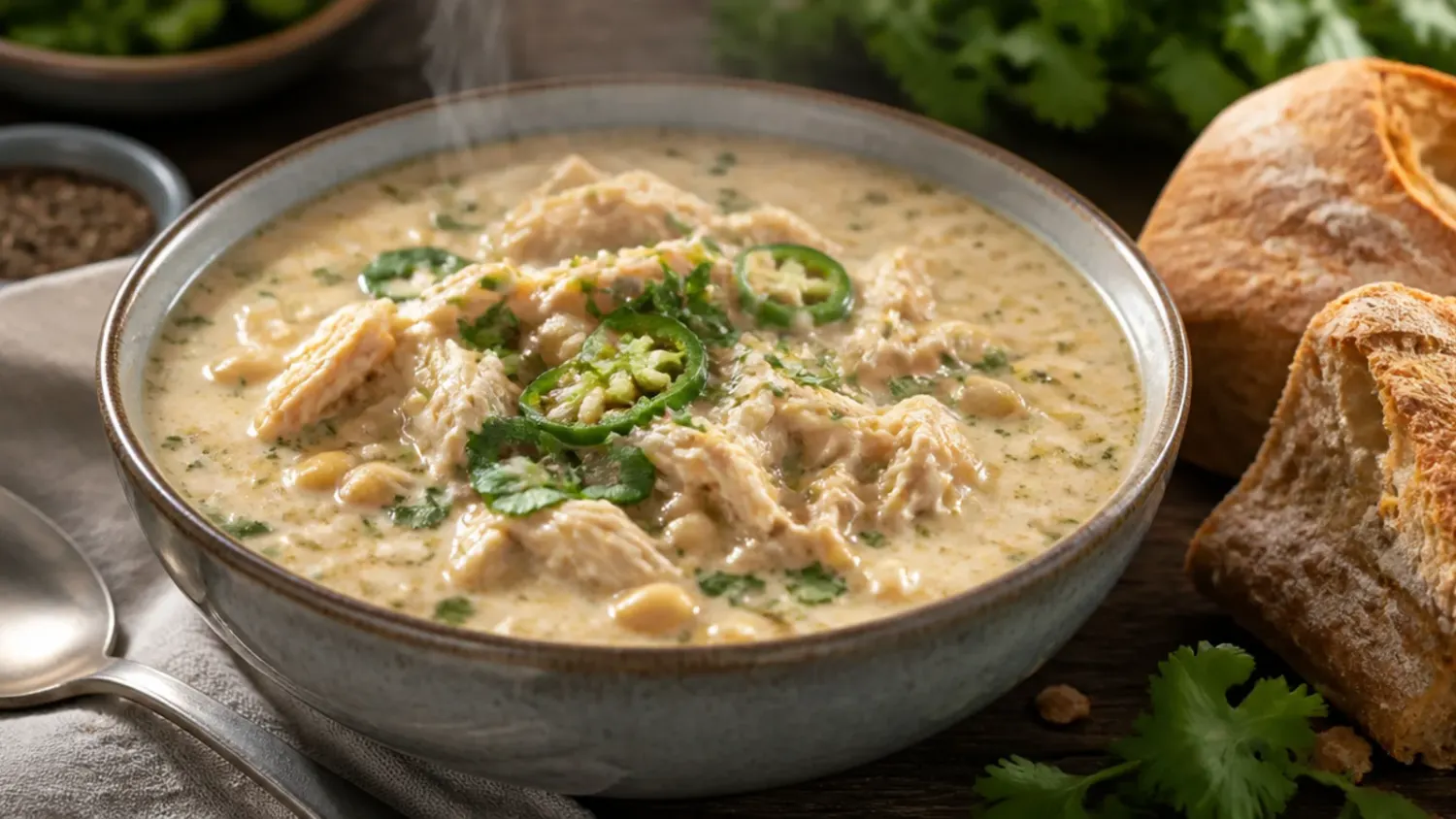 Overhead shot of a pot of creamy white chicken chili topped with avocado, shredded cheese, and lime wedges