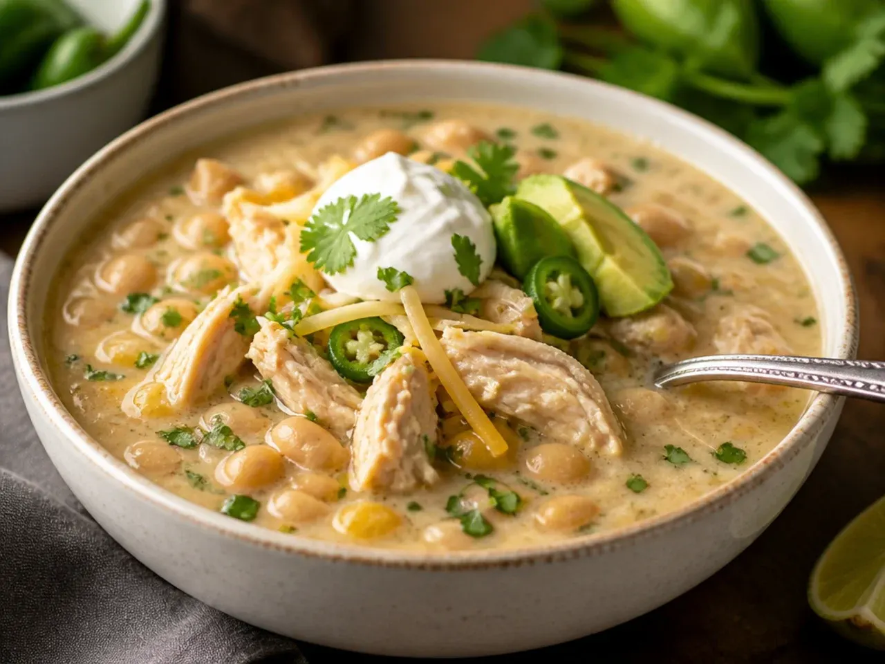 Close-up of a steaming bowl of creamy white chicken chili with a spoon resting inside