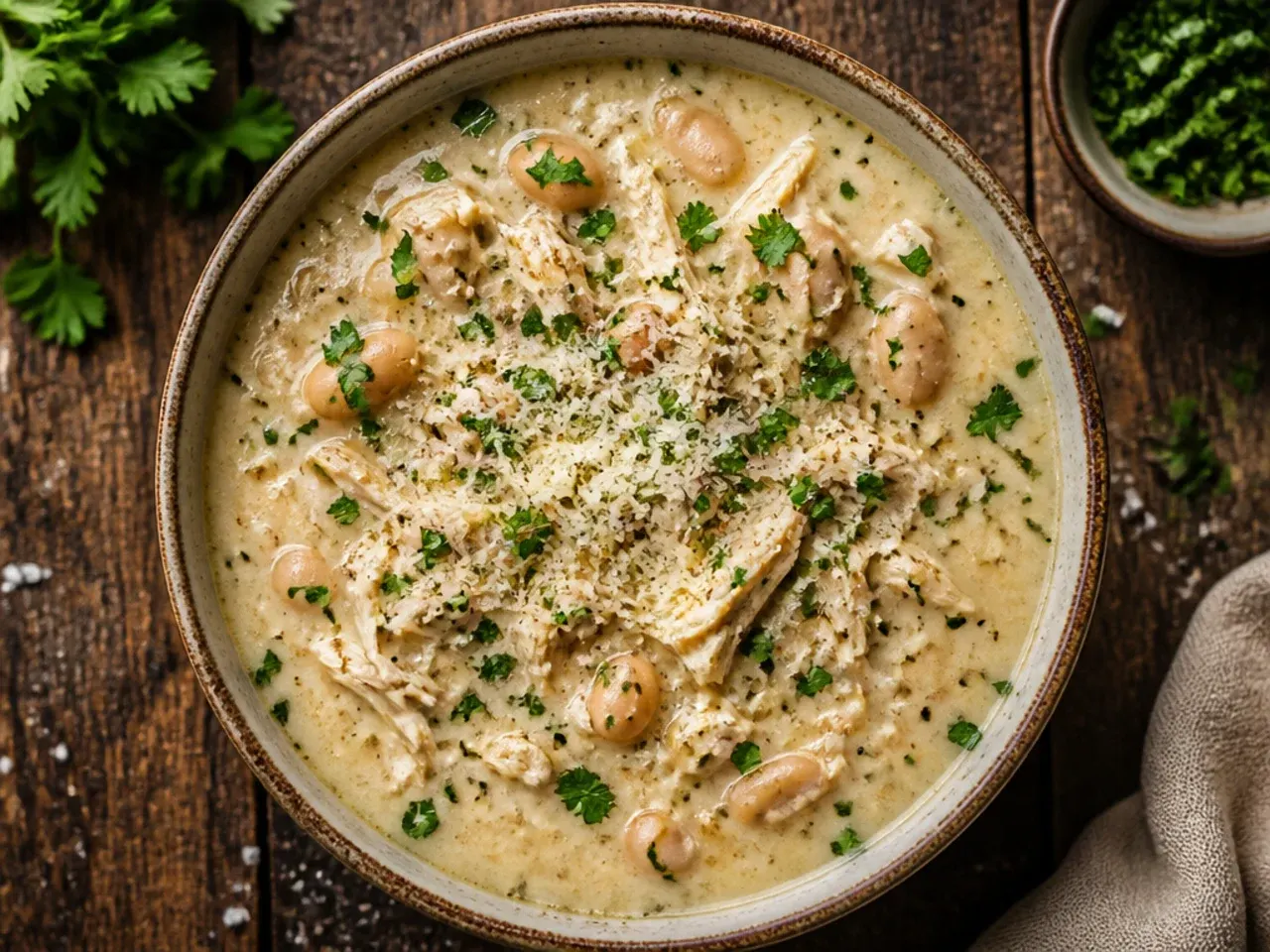 Pot of classic creamy white chicken chili simmering on the stovetop
