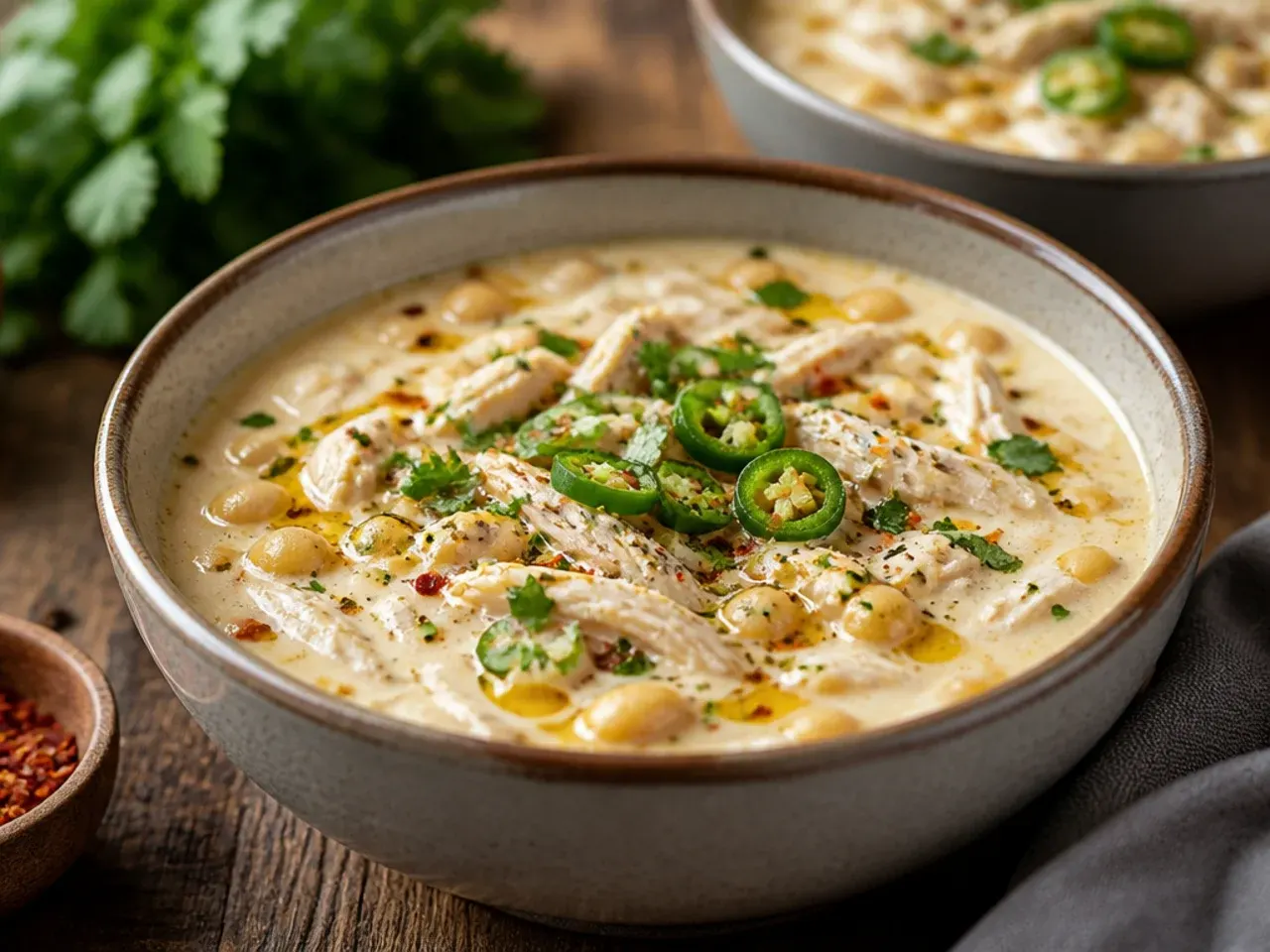 Quick weeknight white chicken chili made with shredded rotisserie chicken