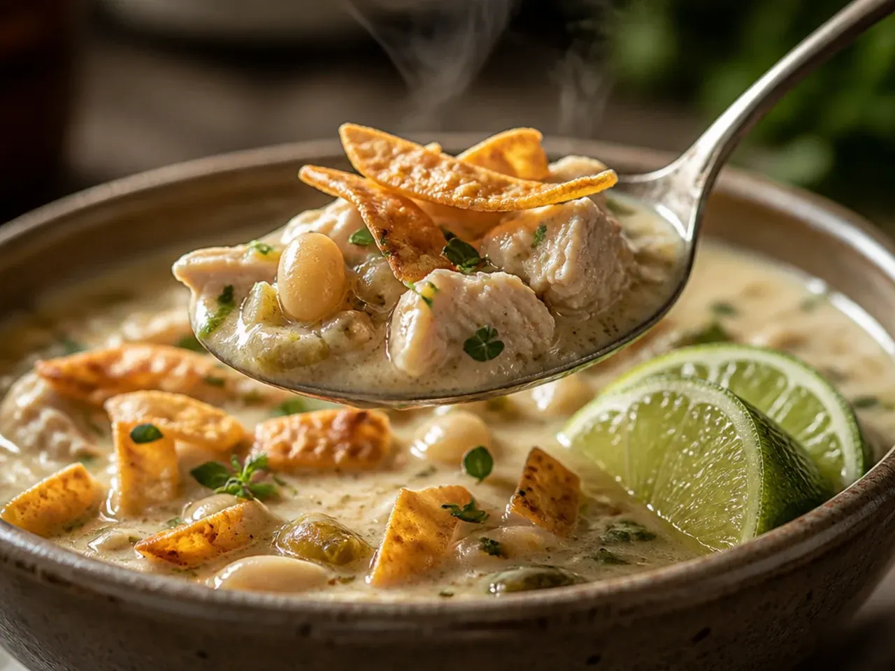 Slow cooker filled with hearty white chicken chili and shredded chicken thighs