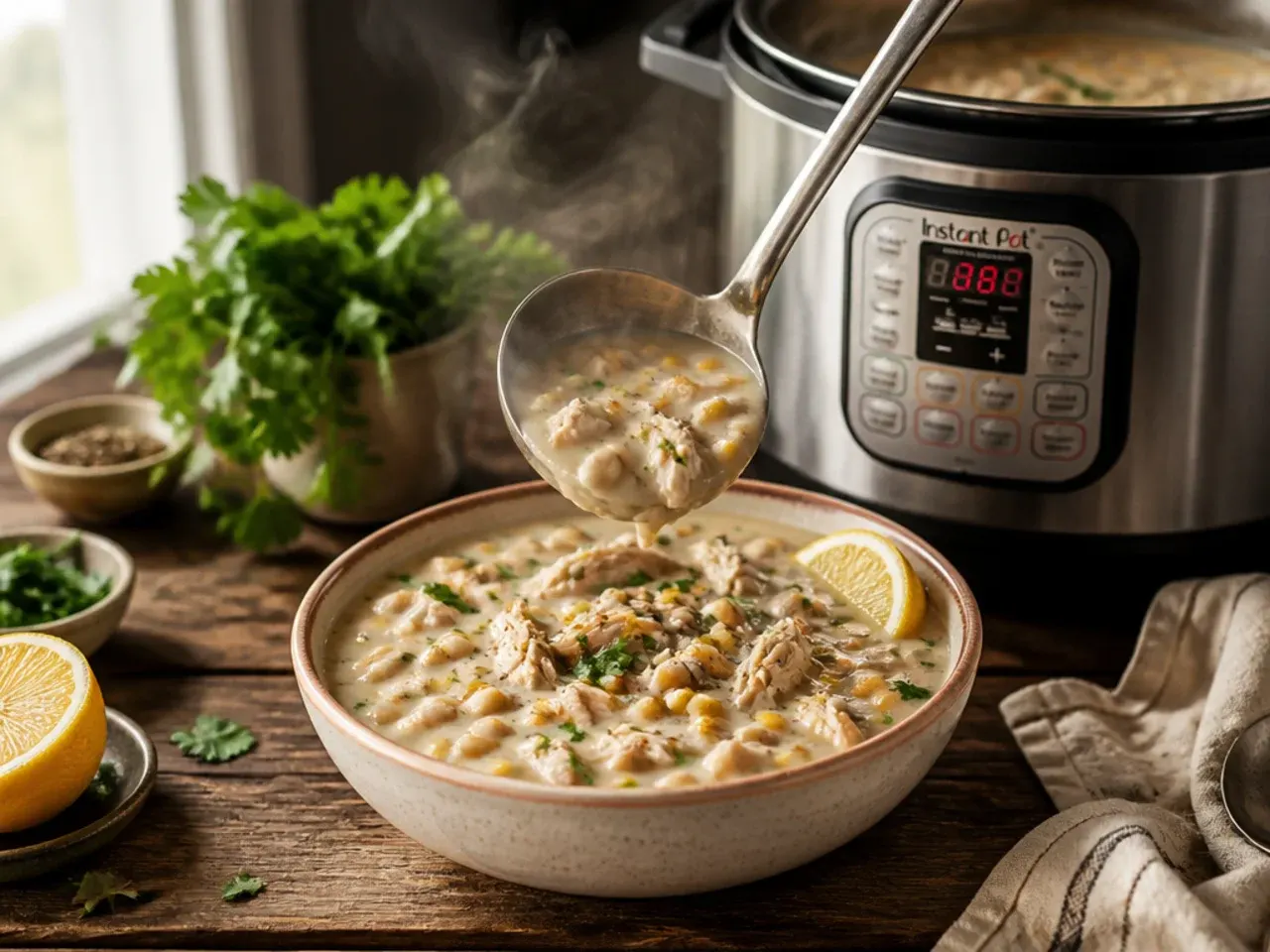 Instant Pot open with finished cozy white chicken chili inside