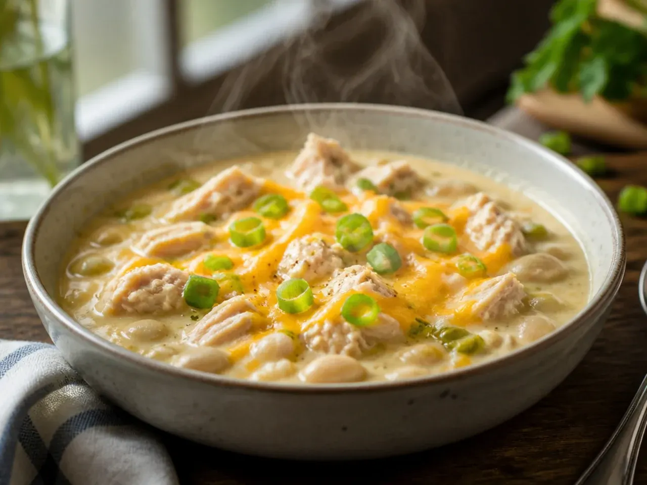 Ladle lifting an extra thick, creamy scoop of double cream cheese chicken chili