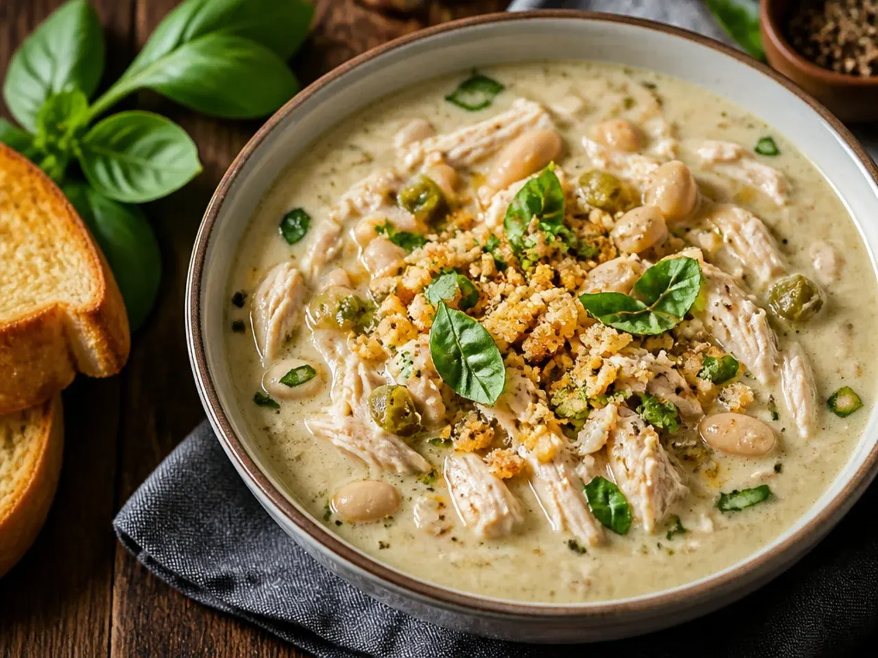 Simple five-ingredient white chicken chili in a bowl with a spoon