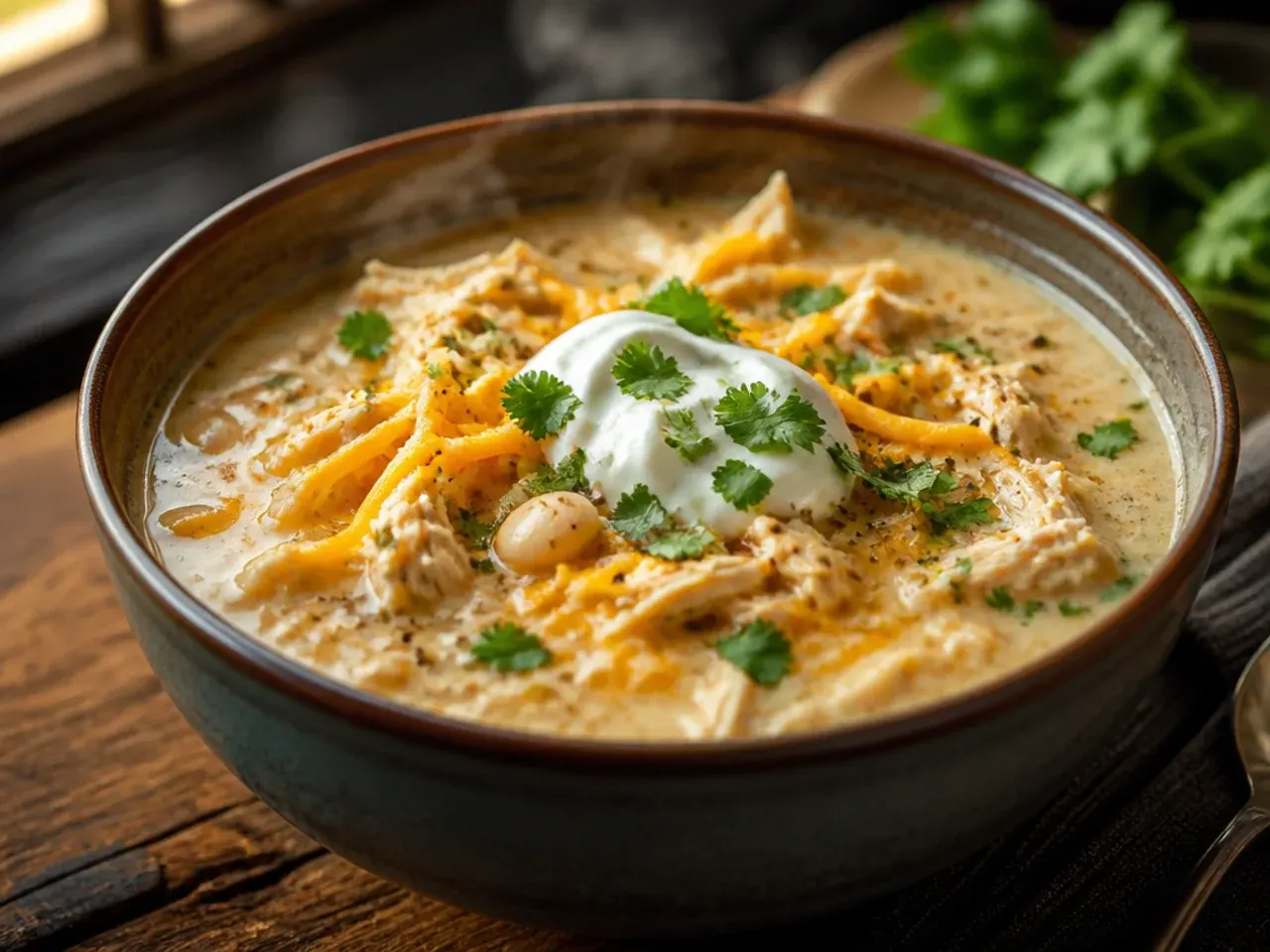 Bowl of cheesy white chicken chili topped with melted pepper jack and cheddar