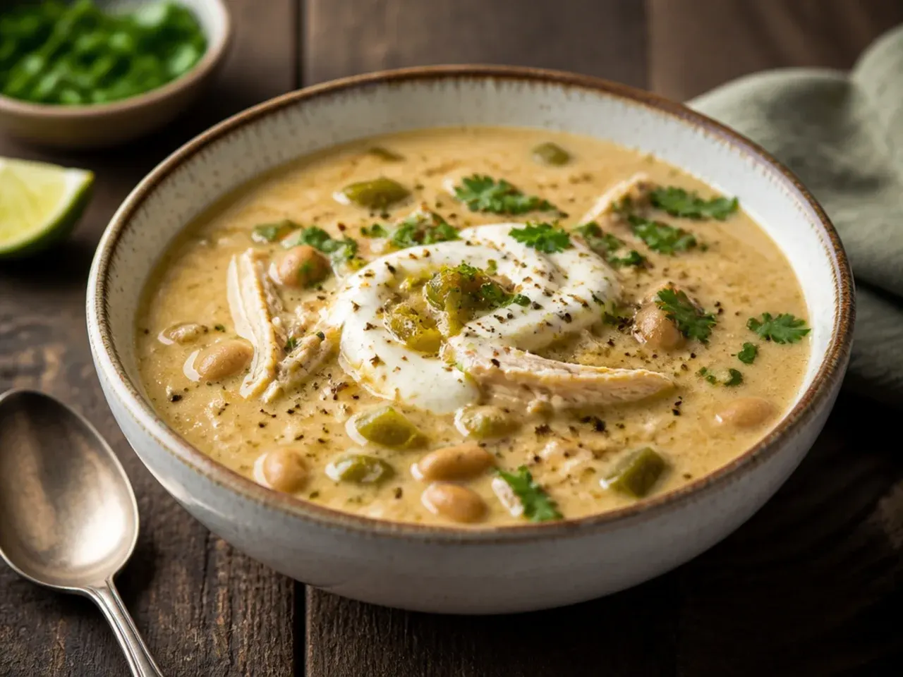 Charred poblano peppers next to a pot of comforting white chicken chili