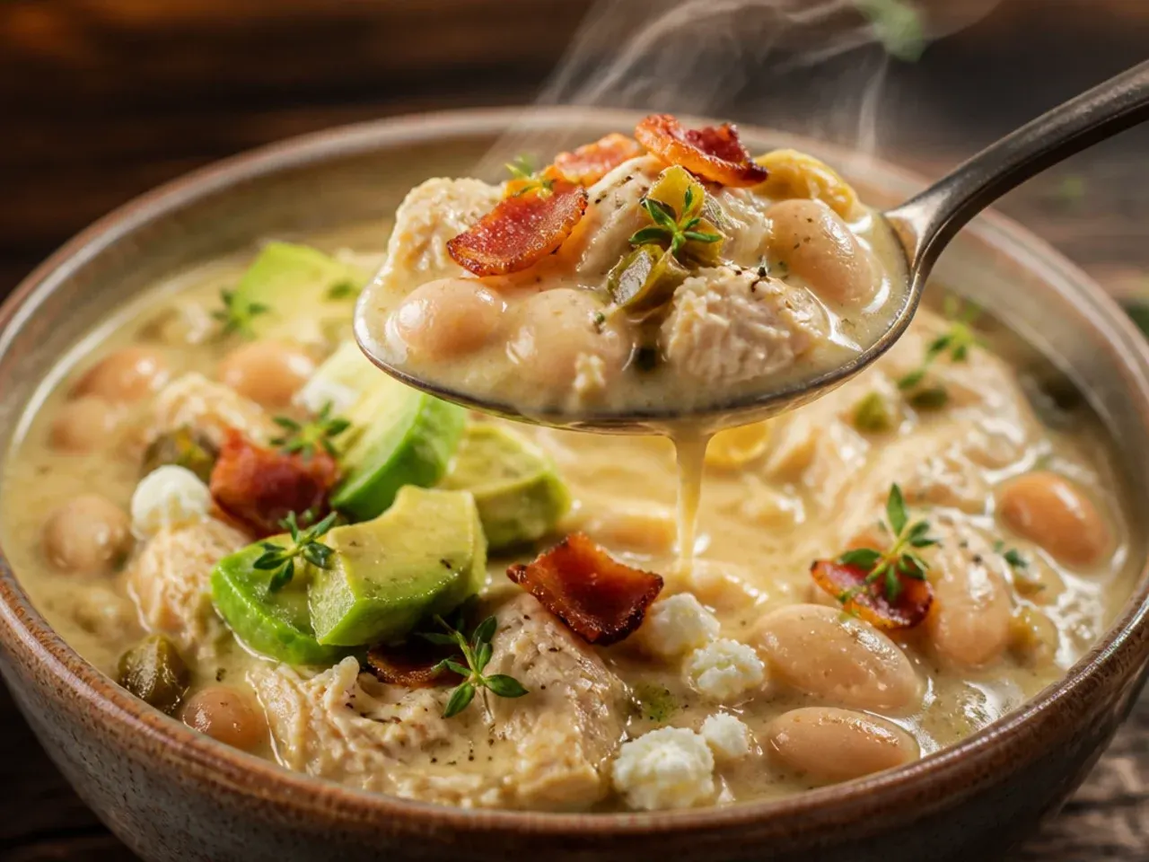 Rustic white chicken chili with visible great northern beans in a thick broth