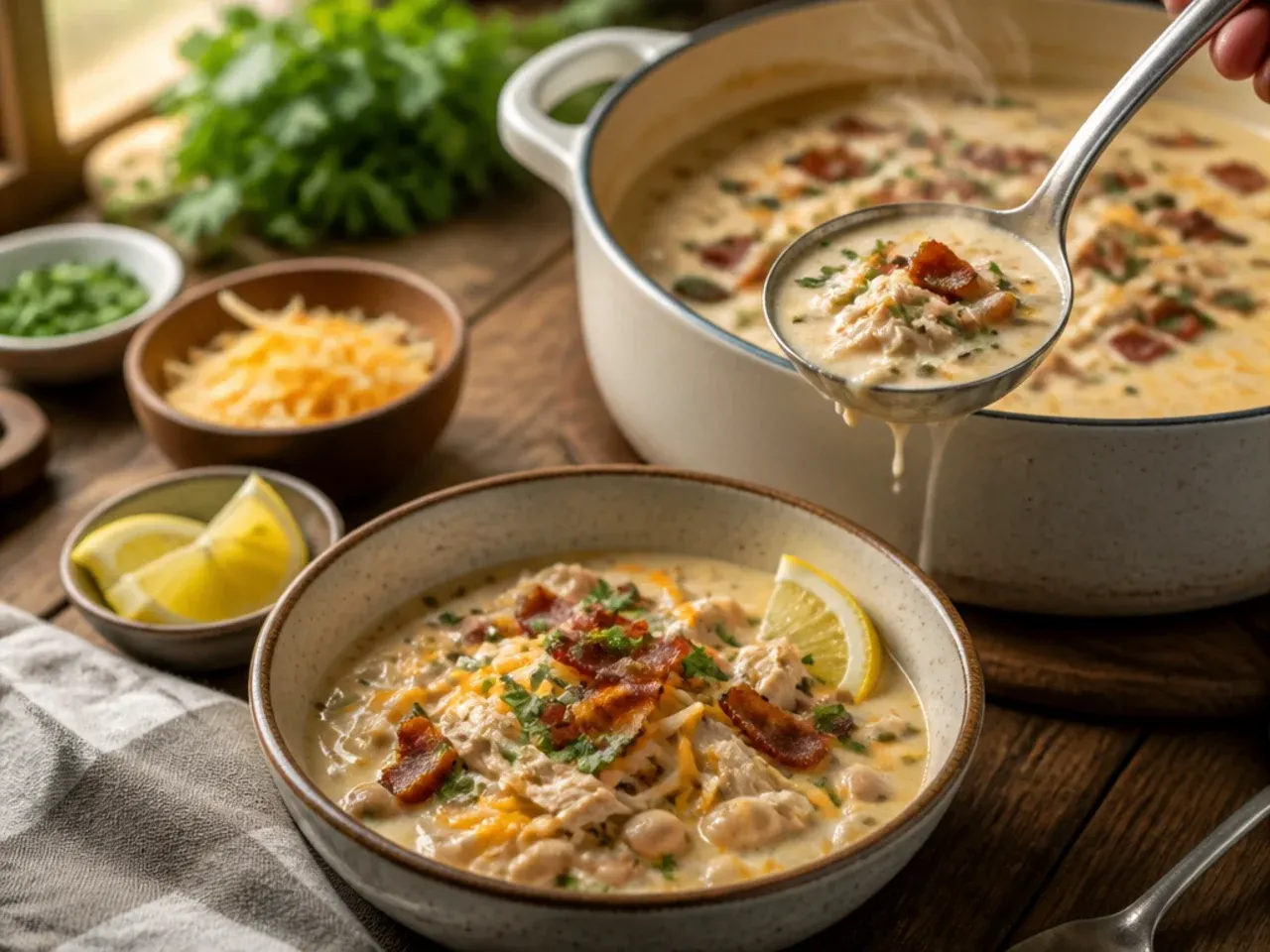 Loaded white chicken chili topped with crispy bacon crumbles and cheese