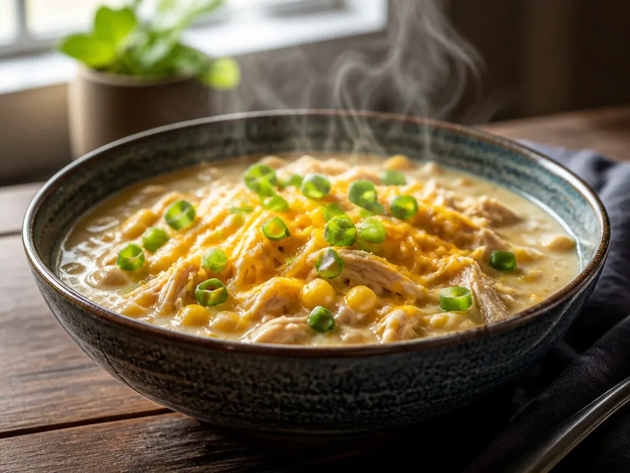 Family-style white chicken chili with plenty of sweetcorn stirred through
