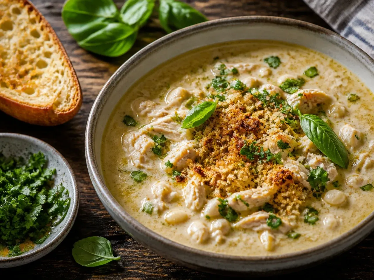 Bowl of salsa verde white chicken chili garnished with coriander and lime