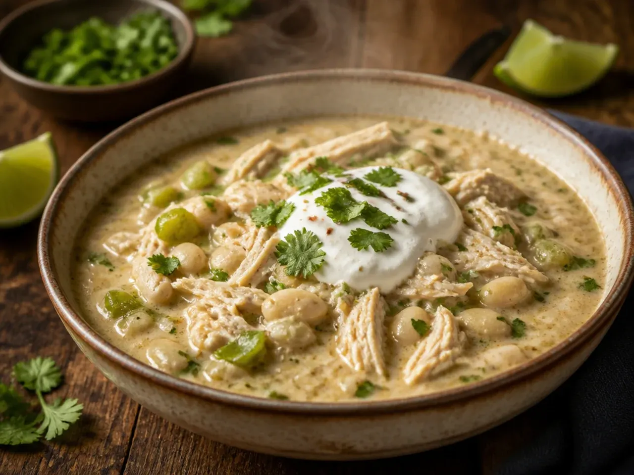 Single pot of no-drain white chicken chili ready to serve