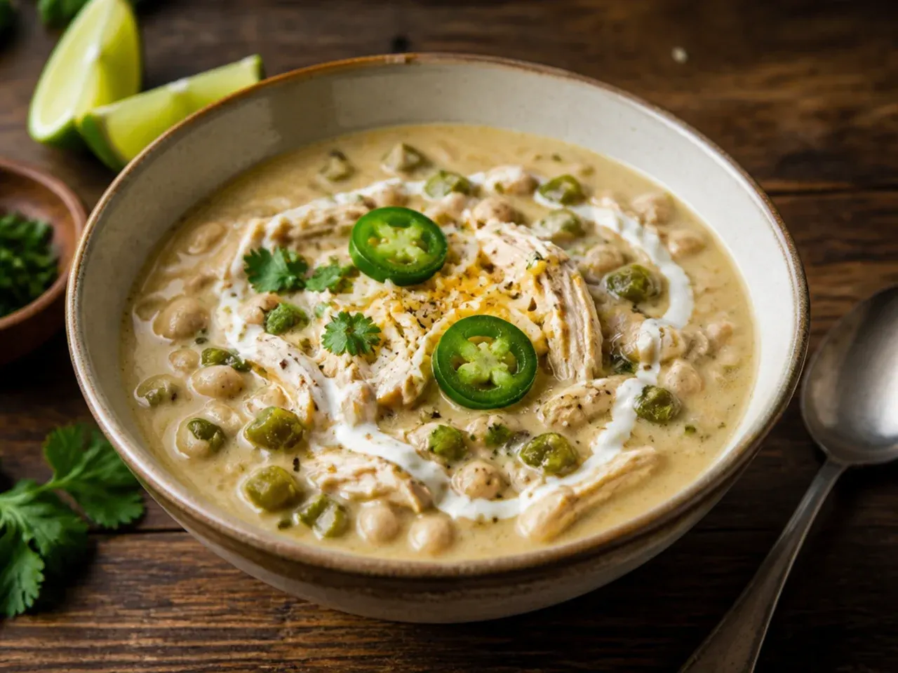 Spicy white chicken chili topped with fresh sliced jalapeños