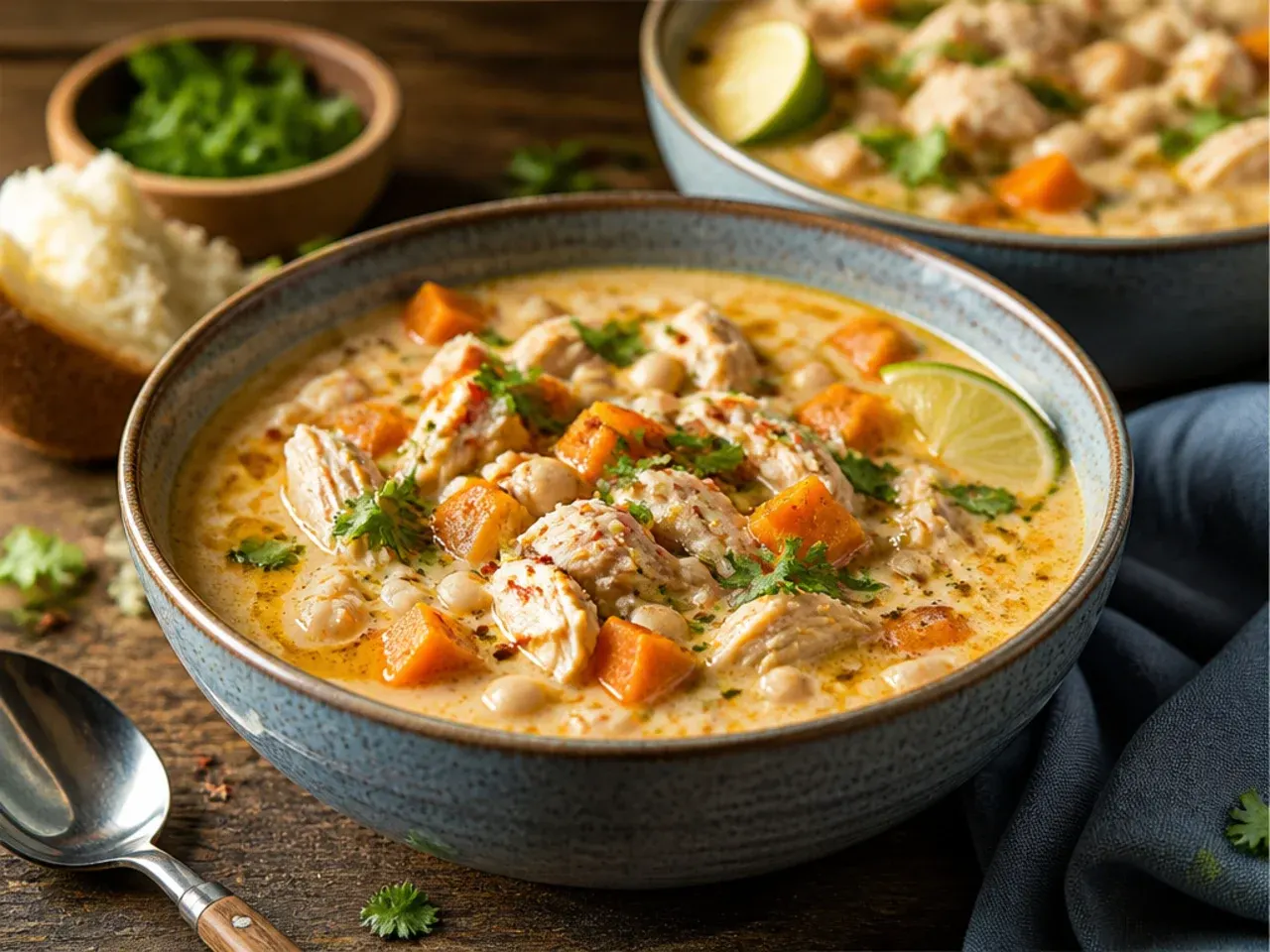Hearty white chicken chili with chunks of tender sweet potato