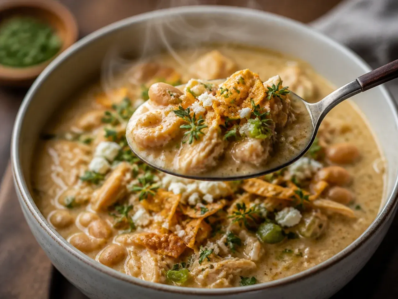 Smoky white chicken chili with visible flecks of chipotle and paprika
