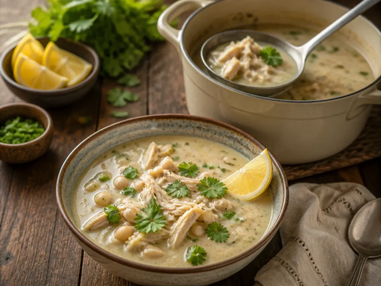 Dairy-free white chicken chili made with coconut milk in a rustic bowl