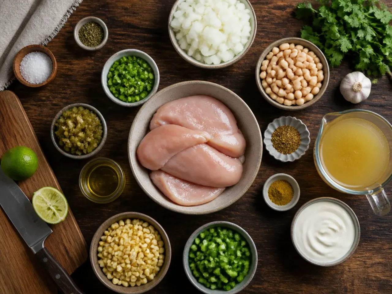 Close-up of cream cheese being stirred into a pot of white chicken chili