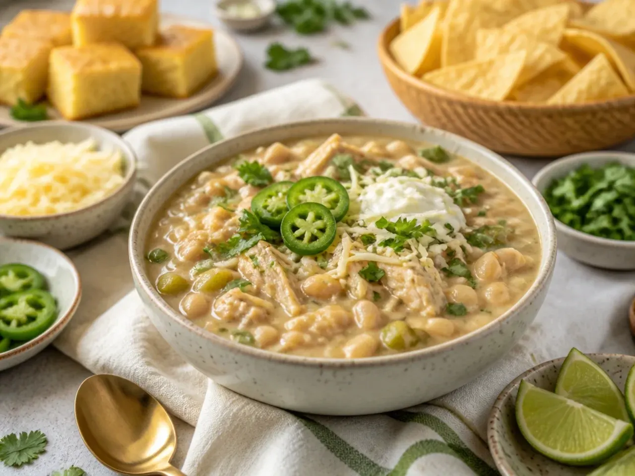 Bowl of creamy white chicken chili fully garnished with toppings and a side of cornbread
