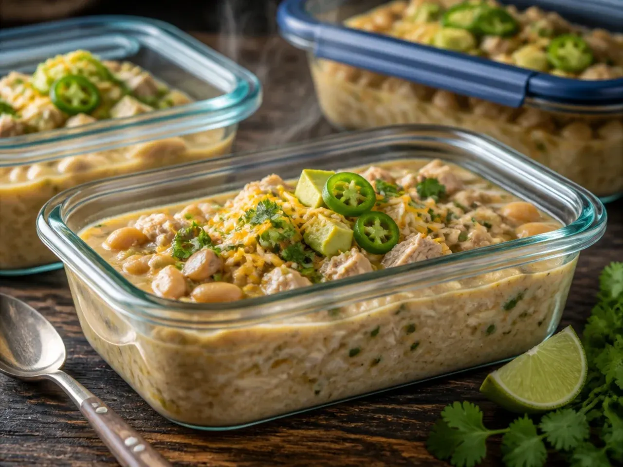 Airtight containers of leftover white chicken chili ready for the fridge