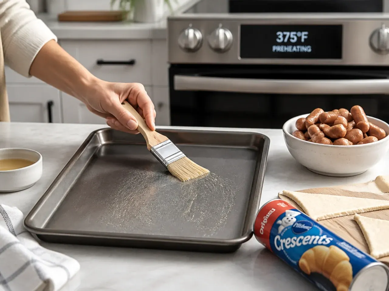crescent pigs in a blanket — step 1: heat the oven and prep the pan
