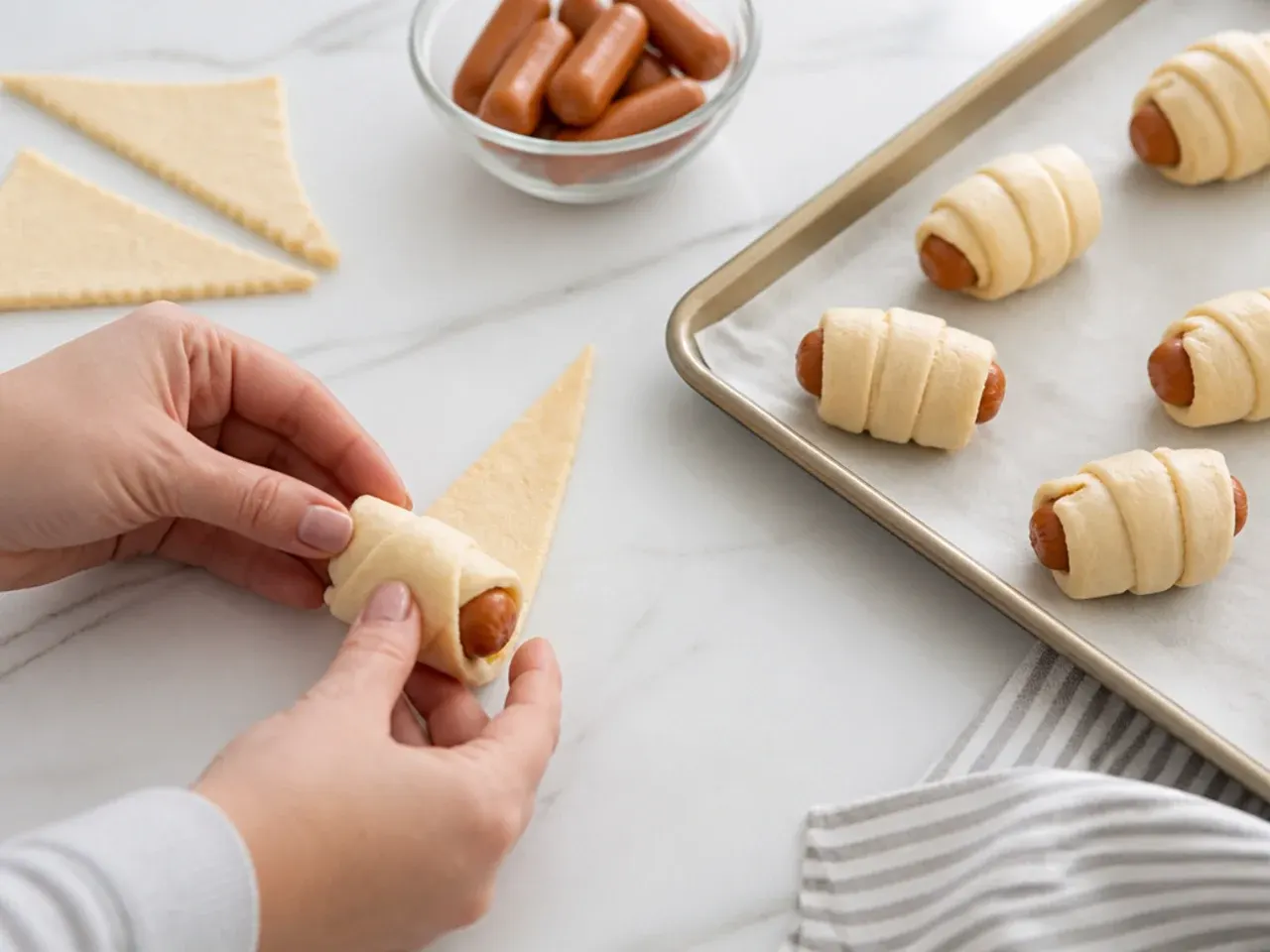 crescent pigs in a blanket — step 3: wrap the sausages