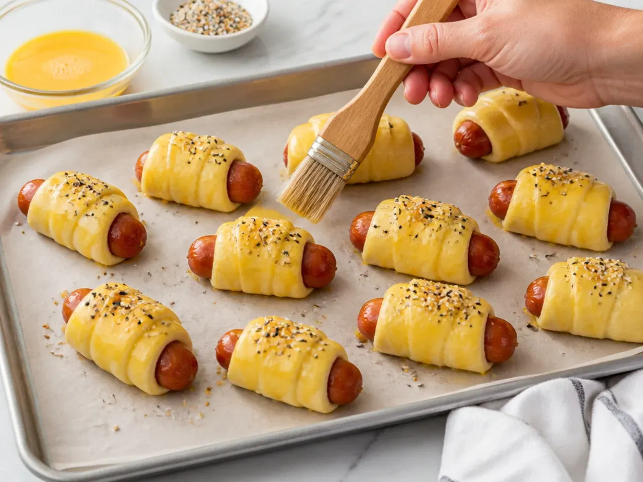 crescent pigs in a blanket — step 5: add the egg wash and toppings
