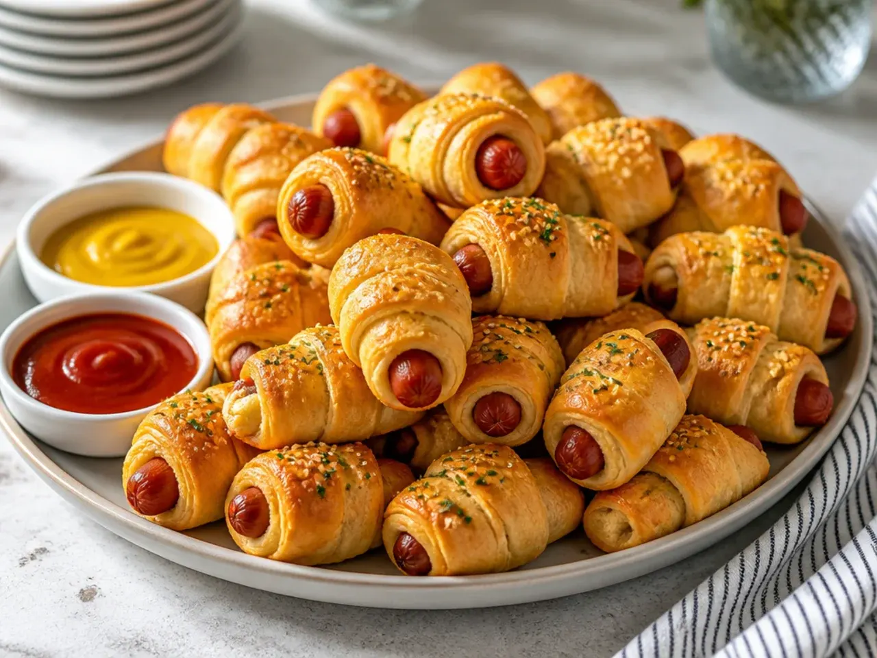 Golden crescent pigs in a blanket piled on a party platter with dipping sauces