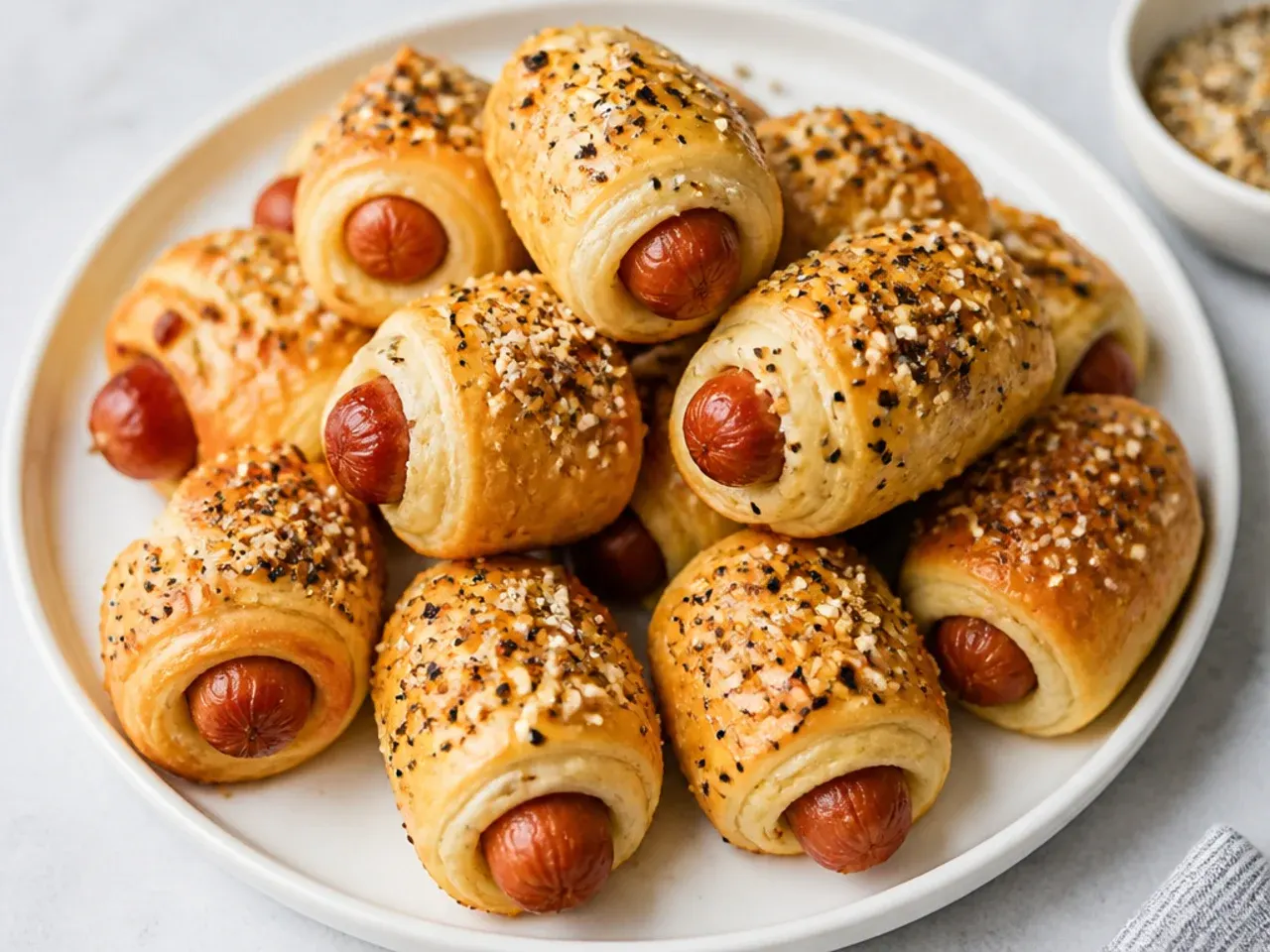 Everything bagel crescent pigs in a blanket dusted with seeds and seasoning