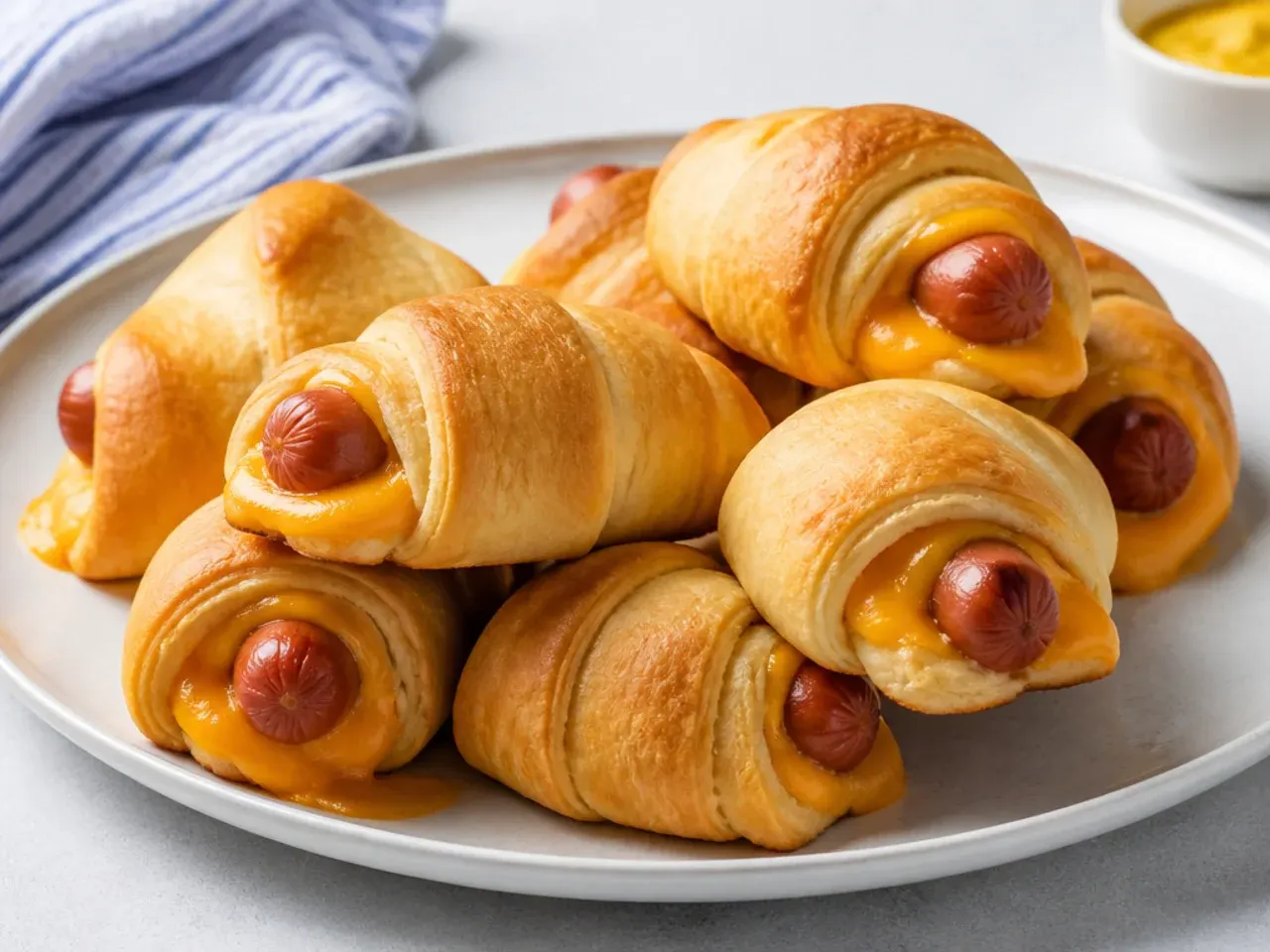 Cheddar-stuffed crescent pigs in a blanket with melty cheese peeking out