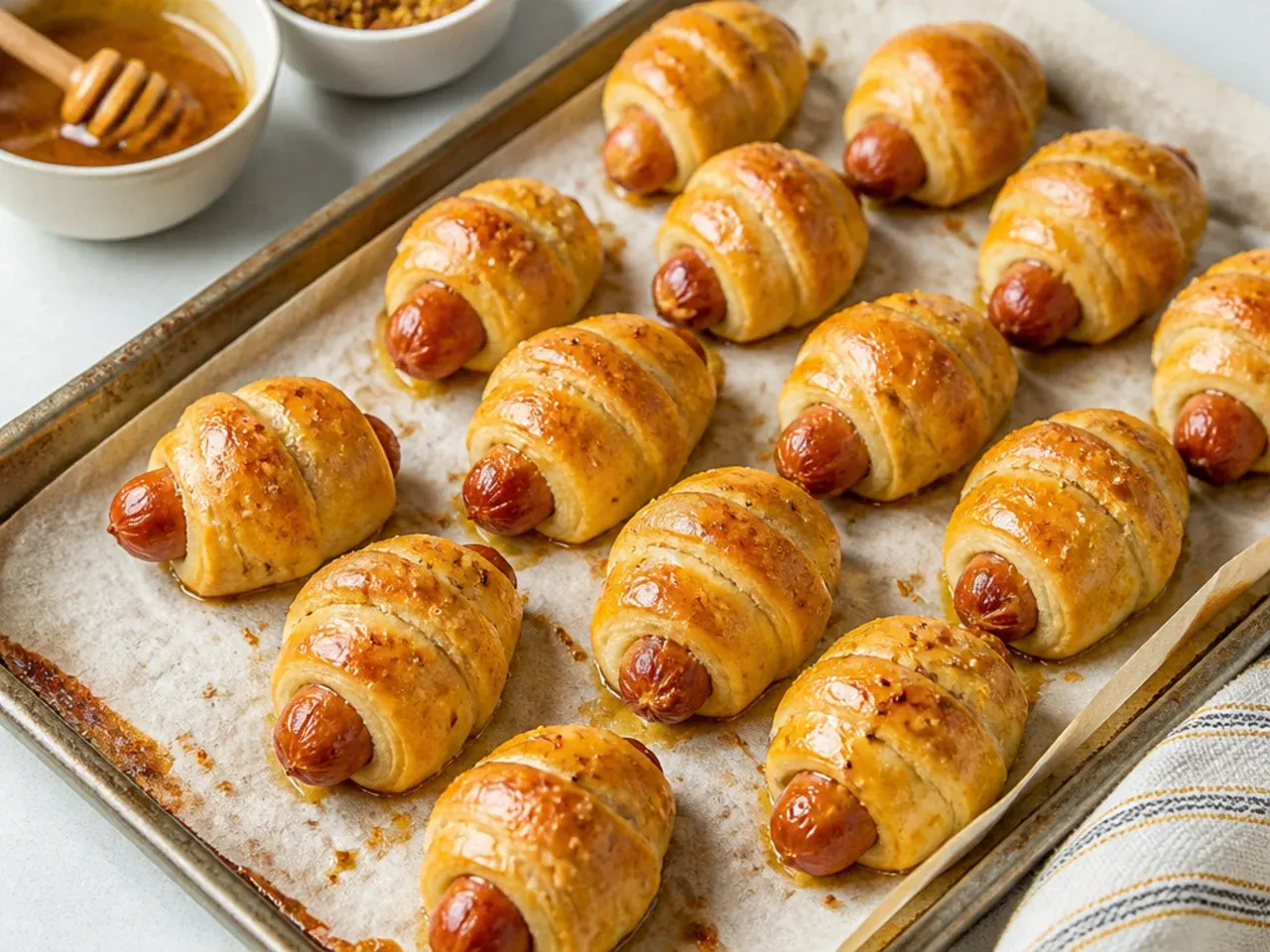 Honey mustard crescent pigs in a blanket glazed and golden on parchment
