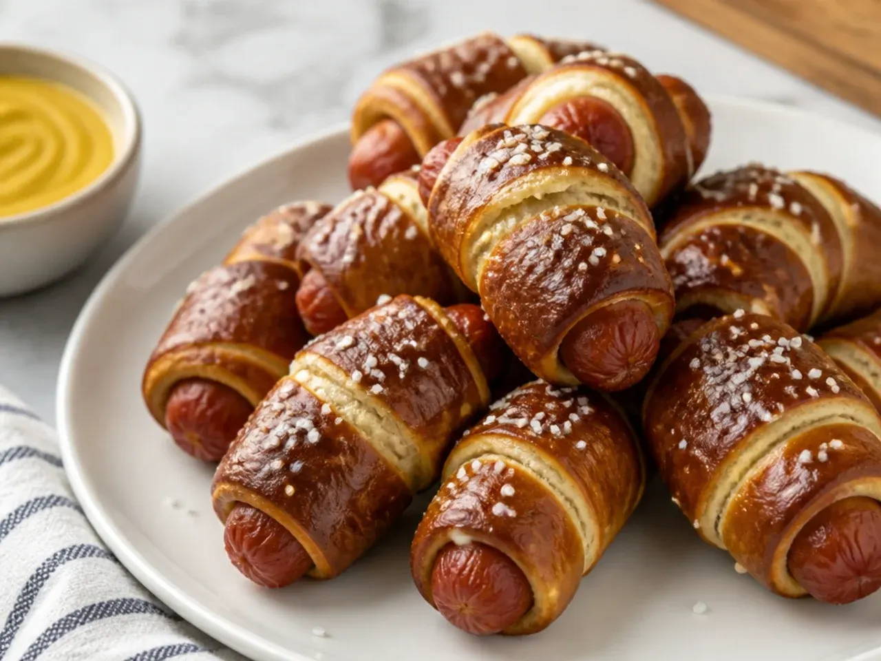 Pretzel-style crescent pigs in a blanket with coarse salt and dark crust