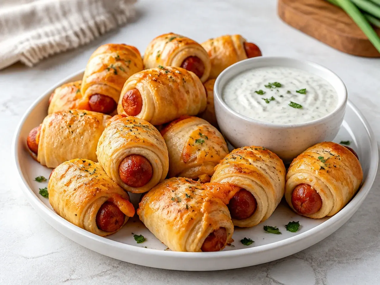 Buffalo ranch crescent pigs in a blanket served with a ranch dip